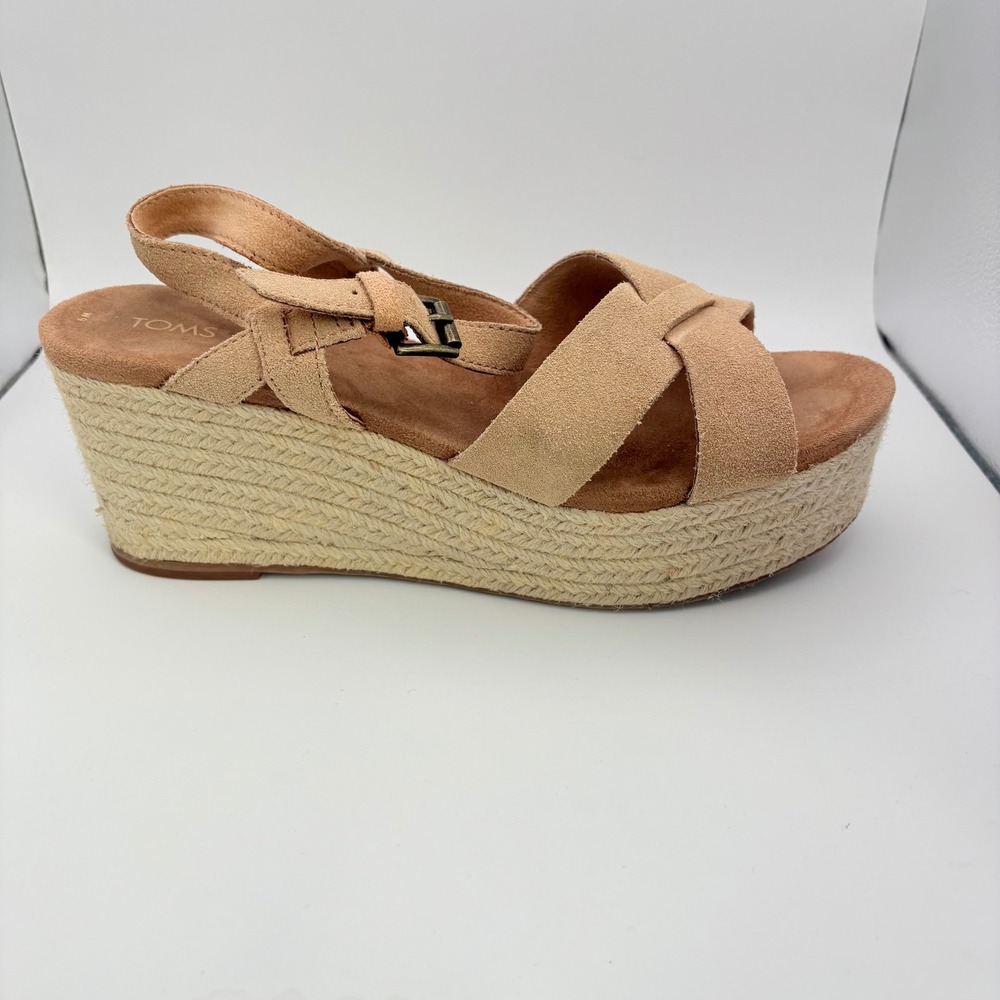 Toms Womens 9 Sandals Tan Suede Espadrille Willow Wedge Platform Honey 3.5" Heel - Picture 10 of 11